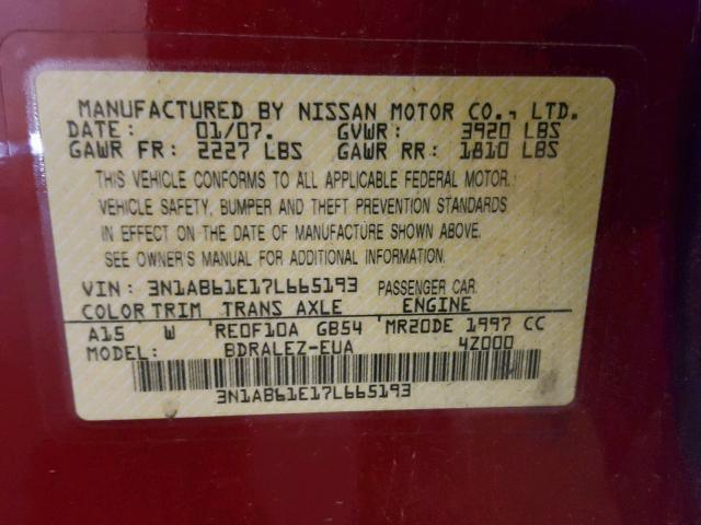 3N1AB61E17L665193 - 2007 NISSAN SENTRA 2.0 RED photo 10