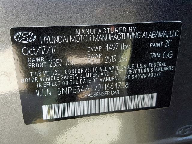 5NPE34AF7JH664758 - 2018 HYUNDAI SONATA SPO GRAY photo 10