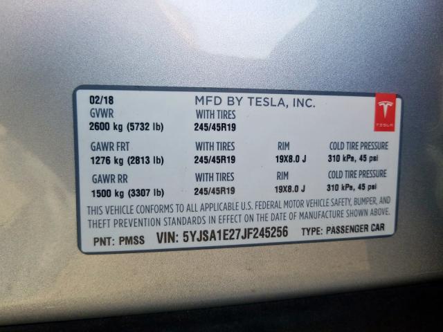 5YJSA1E27JF245256 - 2018 TESLA MODEL S  photo 10