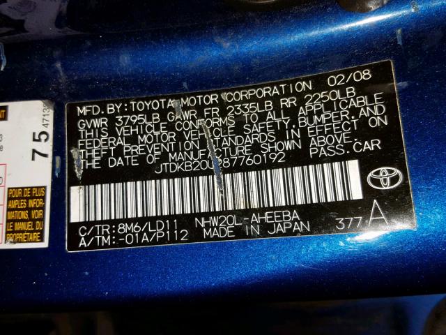 JTDKB20U287760192 - 2008 TOYOTA PRIUS BLUE photo 10