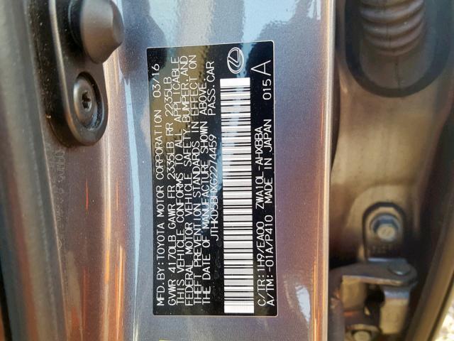 JTHKD5BHXG2274459 - 2016 LEXUS CT 200 GRAY photo 10