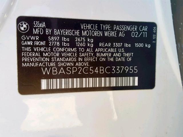 WBASP2C54BC337955 - 2011 BMW 535 XIGT WHITE photo 10