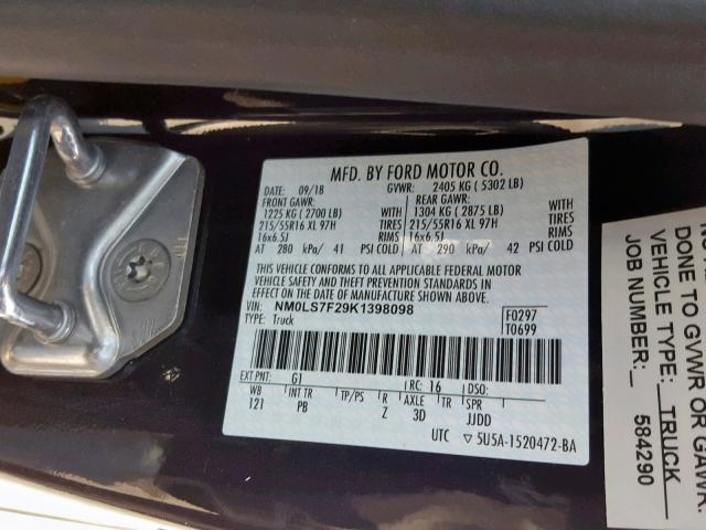 NM0LS7F29K1398098 - 2019 FORD TRANSIT CO BLACK photo 10