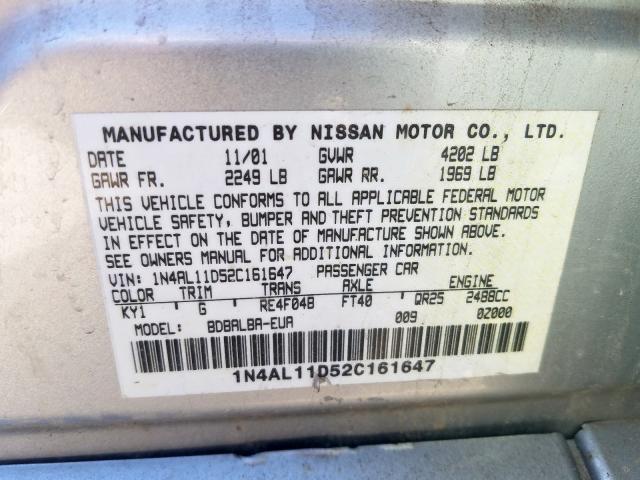 1N4AL11D52C161647 - 2002 NISSAN ALTIMA BASE  photo 10