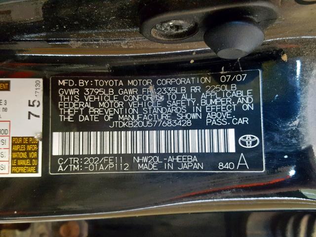 JTDKB20U577683428 - 2007 TOYOTA PRIUS BLACK photo 10