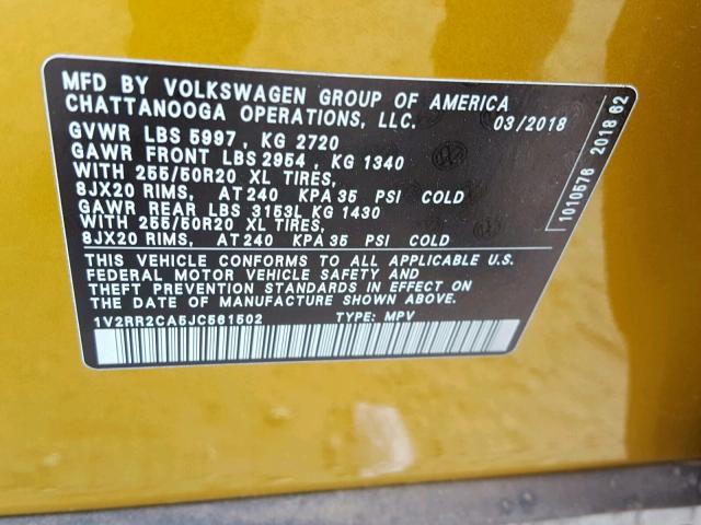 1V2RR2CA5JC561502 - 2018 VOLKSWAGEN ATLAS SEL Sarı foto 10