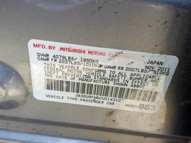 JA32U8FW6CU014312 - 2012 MITSUBISHI LANCER GT GRAY photo 10