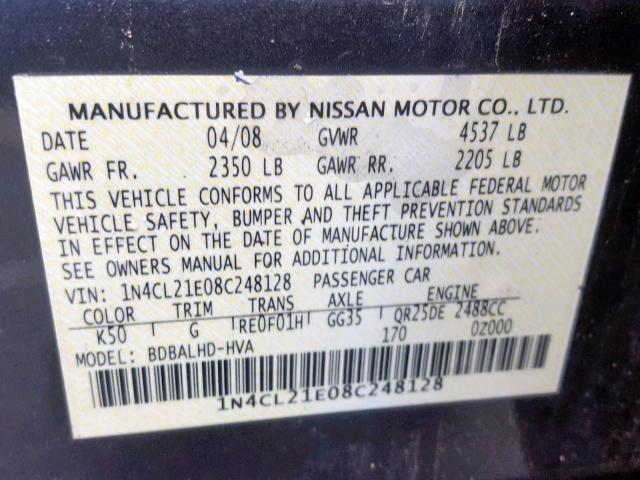 1N4CL21E08C248128 - 2008 NISSAN ALTIMA HYB BLUE photo 10