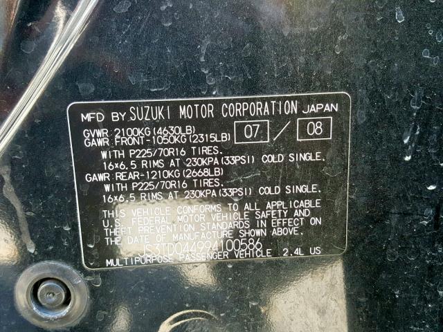 JS3TD044994100586 - 2009 SUZUKI GRAND VITA BLACK photo 10