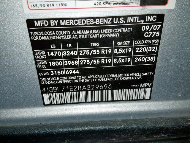 4JGBF71E28A329696 - 2008 MERCEDES-BENZ GL 450 4MA SILVER photo 10