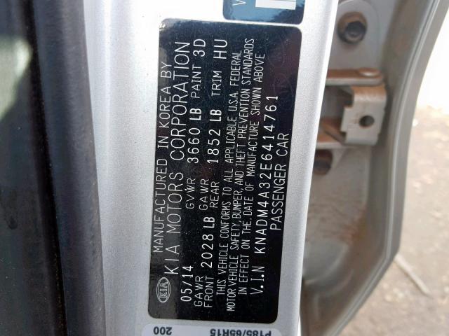 KNADM4A32E6414761 - 2014 KIA RIO LX SILVER photo 10