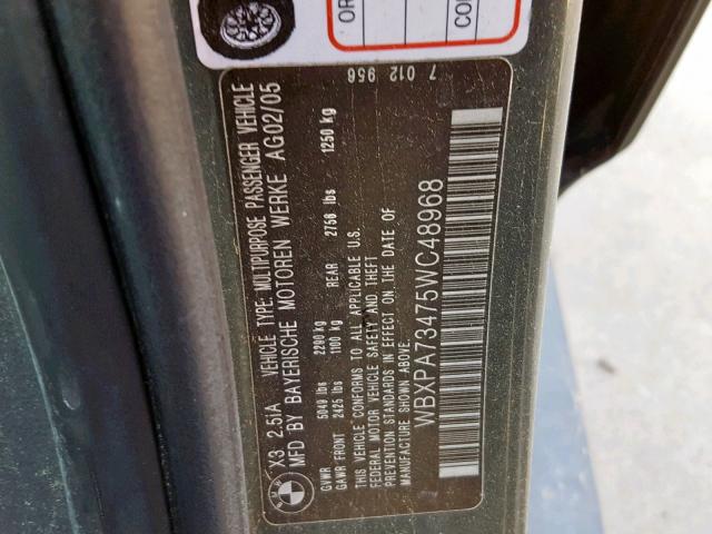 WBXPA73475WC48968 - 2005 BMW X3 2.5I GRAY photo 10