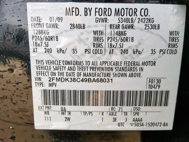 2FMDK38C49BA68031 - 2009 FORD EDGE SEL BLACK photo 10