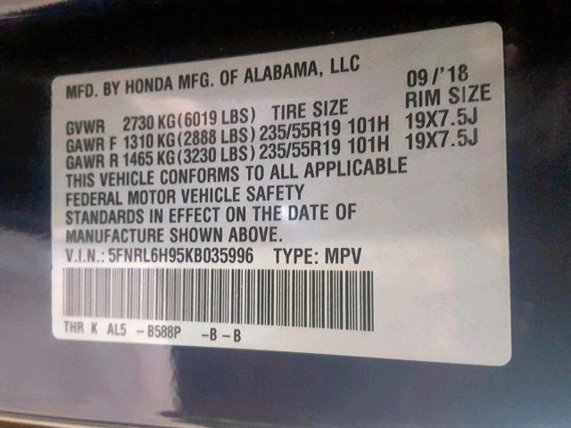 5FNRL6H95KB035996 - 2019 HONDA ODYSSEY EL BLUE photo 10