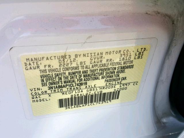 3N1AB6AP1CL743919 - 2012 NISSAN SENTRA 2.0 WHITE photo 10