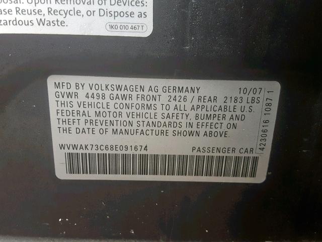 WVWAK73C68E091674 - 2008 VOLKSWAGEN PASSAT KOM BLACK photo 10