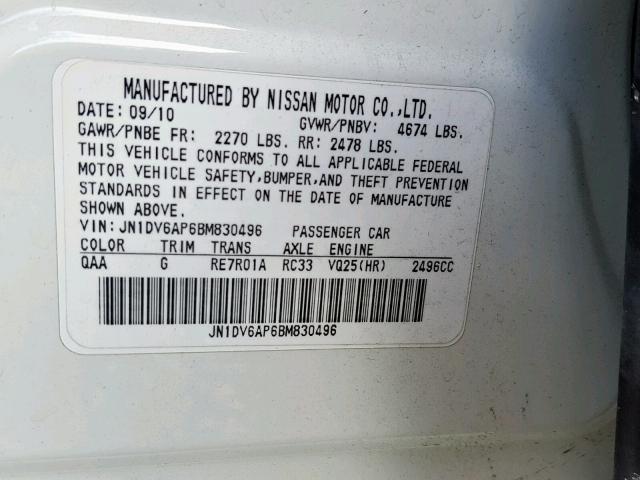 JN1DV6AP6BM830496 - 2011 INFINITI G25 BASE WHITE photo 10