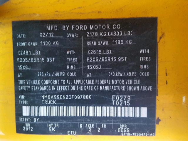 NM0KS9CN2CT097880 - 2012 FORD TRANSIT CO YELLOW photo 10