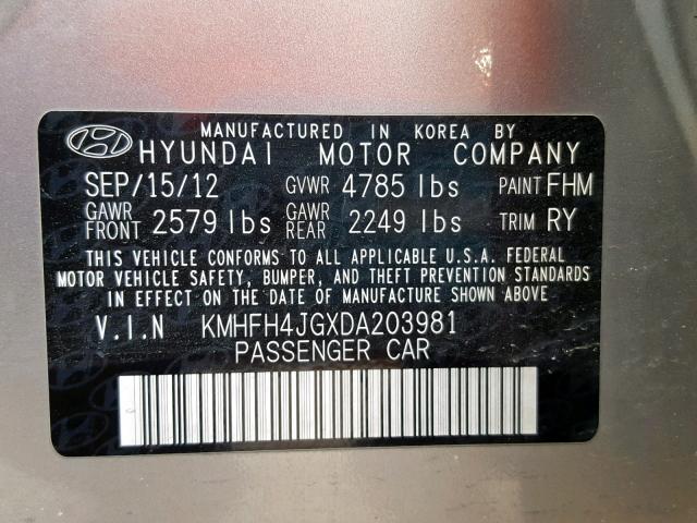 KMHFH4JGXDA203981 - 2013 HYUNDAI AZERA GLS SILVER photo 10