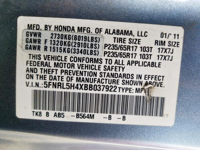 5FNRL5H4XBB037922 - 2011 HONDA ODYSSEY EX  photo 10