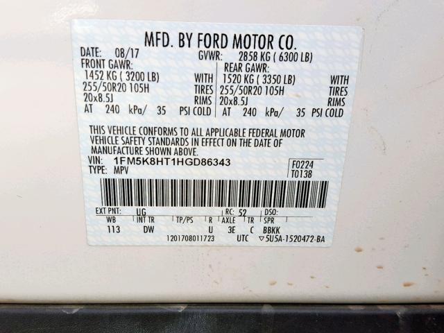 1FM5K8HT1HGD86343 - 2017 FORD EXPLORER P WHITE photo 10