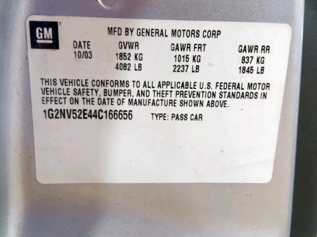 1G2NV52E44C166656 - 2004 PONTIAC GRAND AM G GRAY photo 10