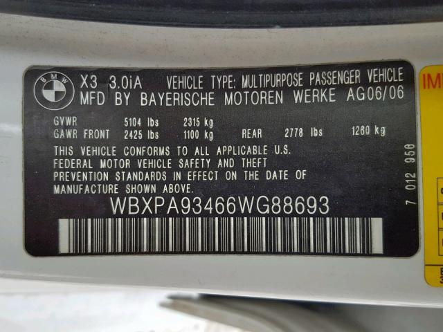 WBXPA93466WG88693 - 2006 BMW X3 3.0I WHITE photo 10