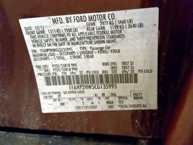 1FAHP2HW5CG135995 - 2012 FORD TAURUS SEL MAROON photo 10