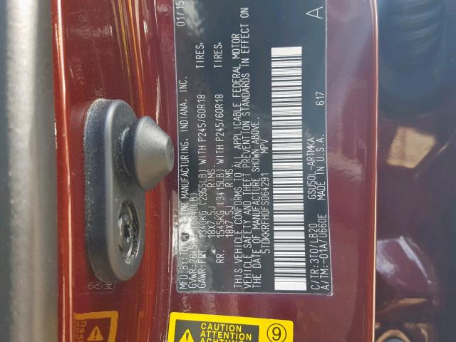 5TDKKRFH0FS064291 - 2015 TOYOTA HIGHLANDER BURGUNDY photo 10