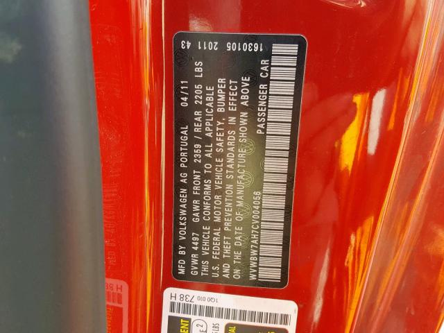 WVWBW7AH7CV004056 - 2012 VOLKSWAGEN EOS KOMFOR 红色 照片 10