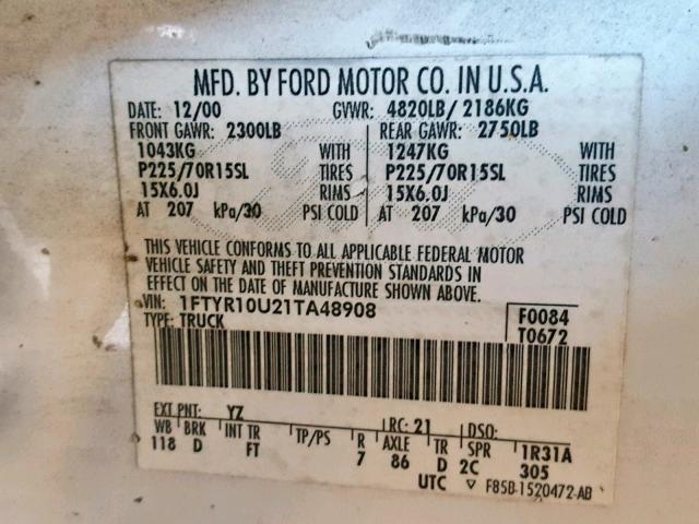 1FTYR10U21TA48908 - 2001 FORD RANGER WHITE photo 10