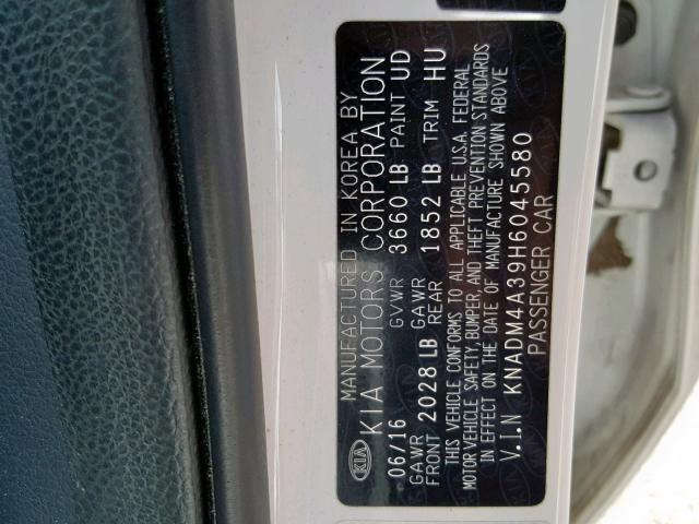 KNADM4A39H6045580 - 2017 KIA RIO LX WHITE photo 10