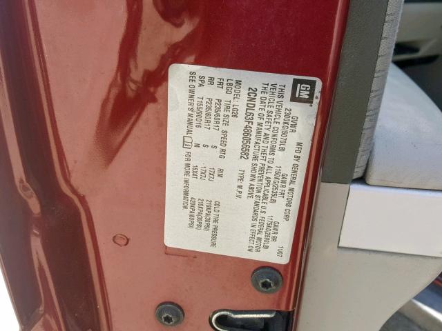 2CNDL63F486056582 - 2008 CHEVROLET EQUINOX LT MAROON photo 10