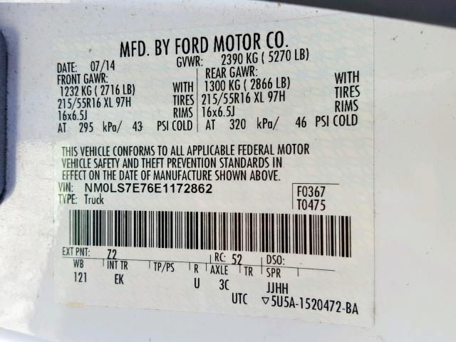 NM0LS7E76E1172862 - 2014 FORD TRANSIT CO WHITE photo 10