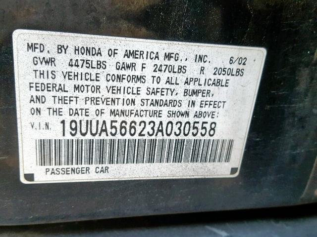 19UUA56623A030558 - 2003 ACURA 3.2TL BLACK photo 10