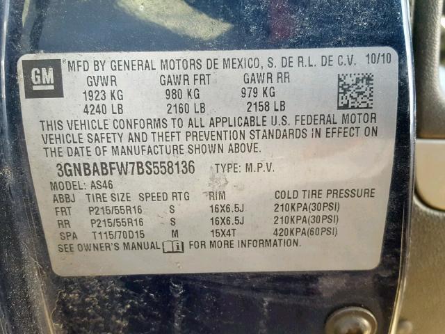 3GNBABFW7BS558136 - 2011 CHEVROLET HHR LT BLUE photo 10