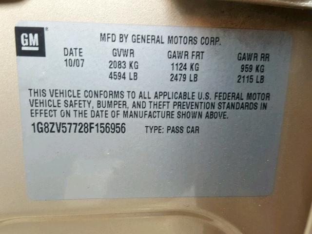 1G8ZV57728F156956 - 2008 SATURN AURA XR GOLD photo 10