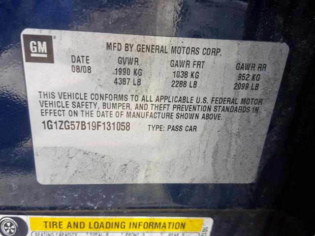 1G1ZG57B19F131058 - 2009 CHEVROLET MALIBU LS BLUE photo 10