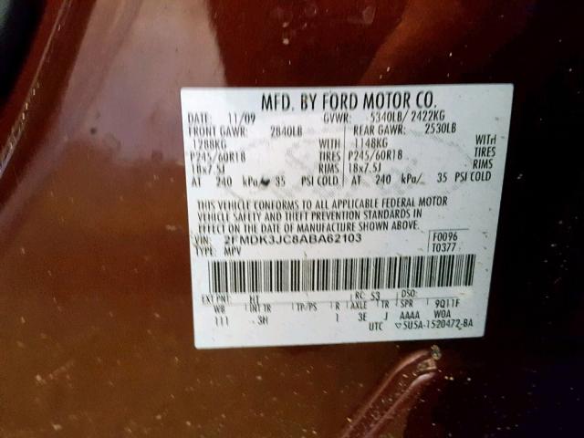 2FMDK3JC8ABA62103 - 2010 FORD EDGE SEL BROWN photo 10