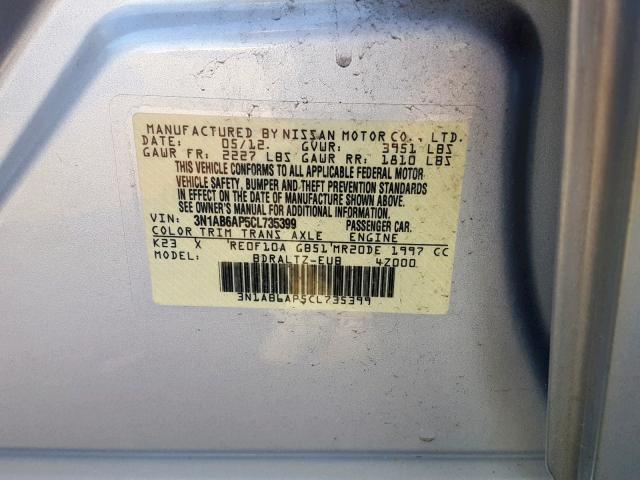 3N1AB6AP5CL735399 - 2012 NISSAN SENTRA 2.0 SILVER photo 10