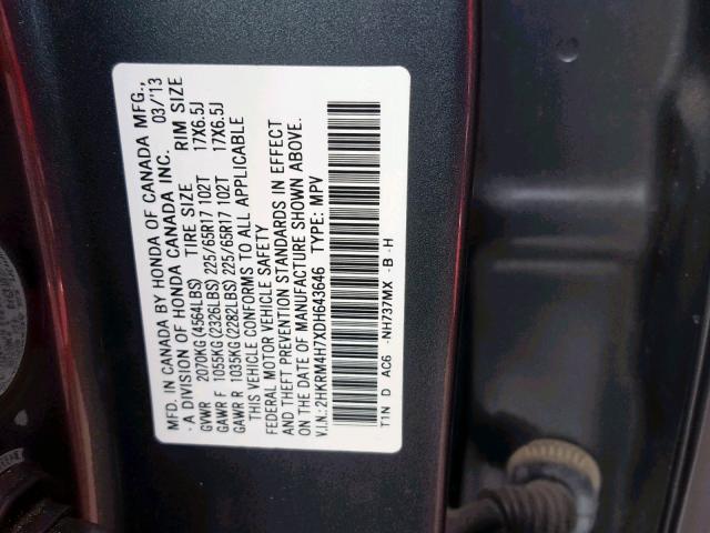 2HKRM4H7XDH643646 - 2013 HONDA CR-V EXL CHARCOAL photo 10