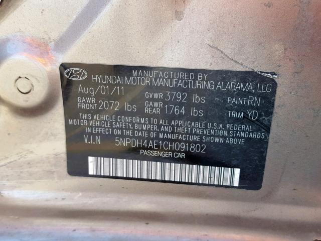 5NPDH4AE1CH091802 - 2012 HYUNDAI ELANTRA TAN photo 10