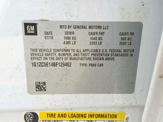 1G1ZC5E14BF129462 - 2011 CHEVROLET MALIBU 1LT 白色 照片 10