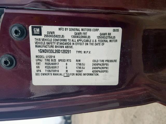 1GNDV33L26D128291 - 2006 CHEVROLET UPLANDER L 栗色 照片 10