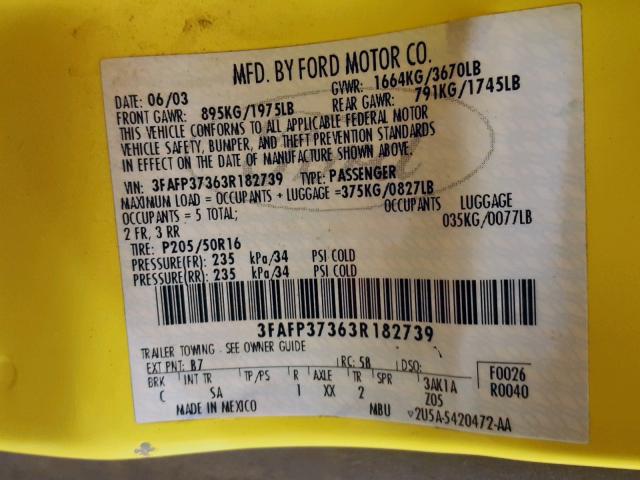 3FAFP37363R182739 - 2003 FORD FOCUS ZX5 YELLOW photo 10