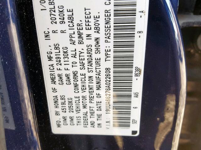 19UUA66276A022608 - 2006 ACURA 3.2TL BLUE photo 10