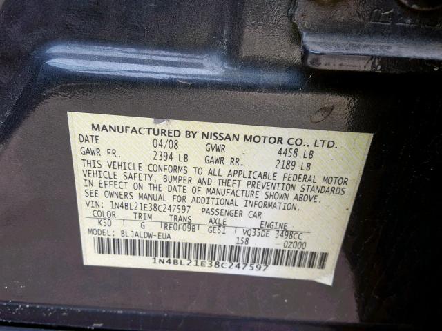 1N4BL21E38C247597 - 2008 NISSAN ALTIMA 3.5 GRAY photo 10