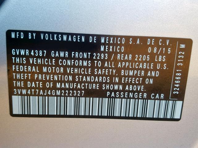 3VW4T7AJ4GM222327 - 2016 VOLKSWAGEN JETTA GLI SILVER photo 10