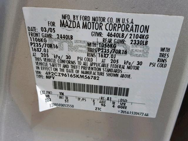 4F2CZ96165KM56782 - 2005 MAZDA TRIBUTE S SILVER photo 10