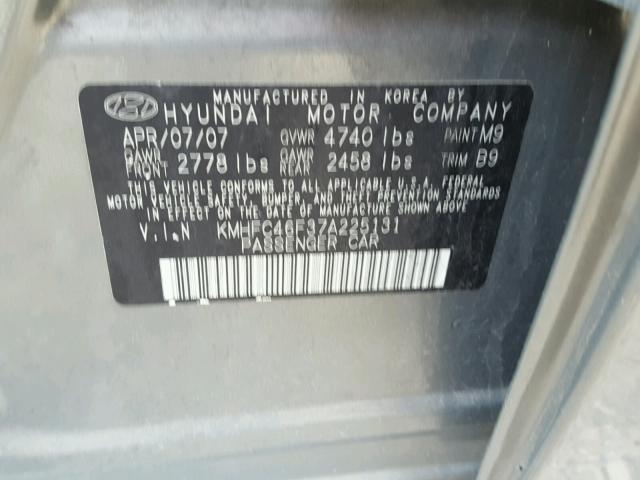 KMHFC46F37A225131 - 2007 HYUNDAI AZERA SE GRAY photo 10